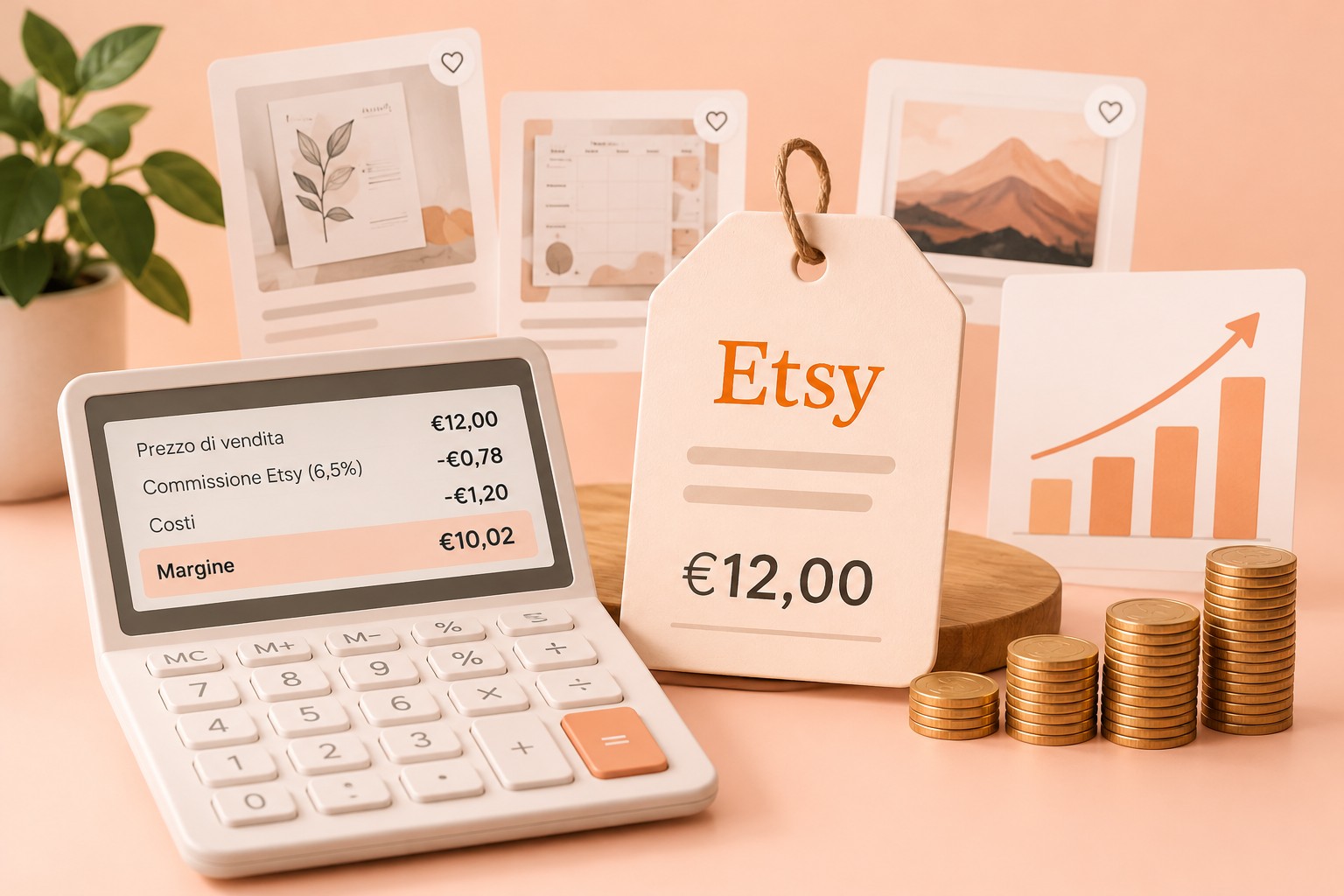 Inserzione Etsy da 12 euro accanto a una calcolatrice e a un quaderno con il calcolo di commissioni e guadagno