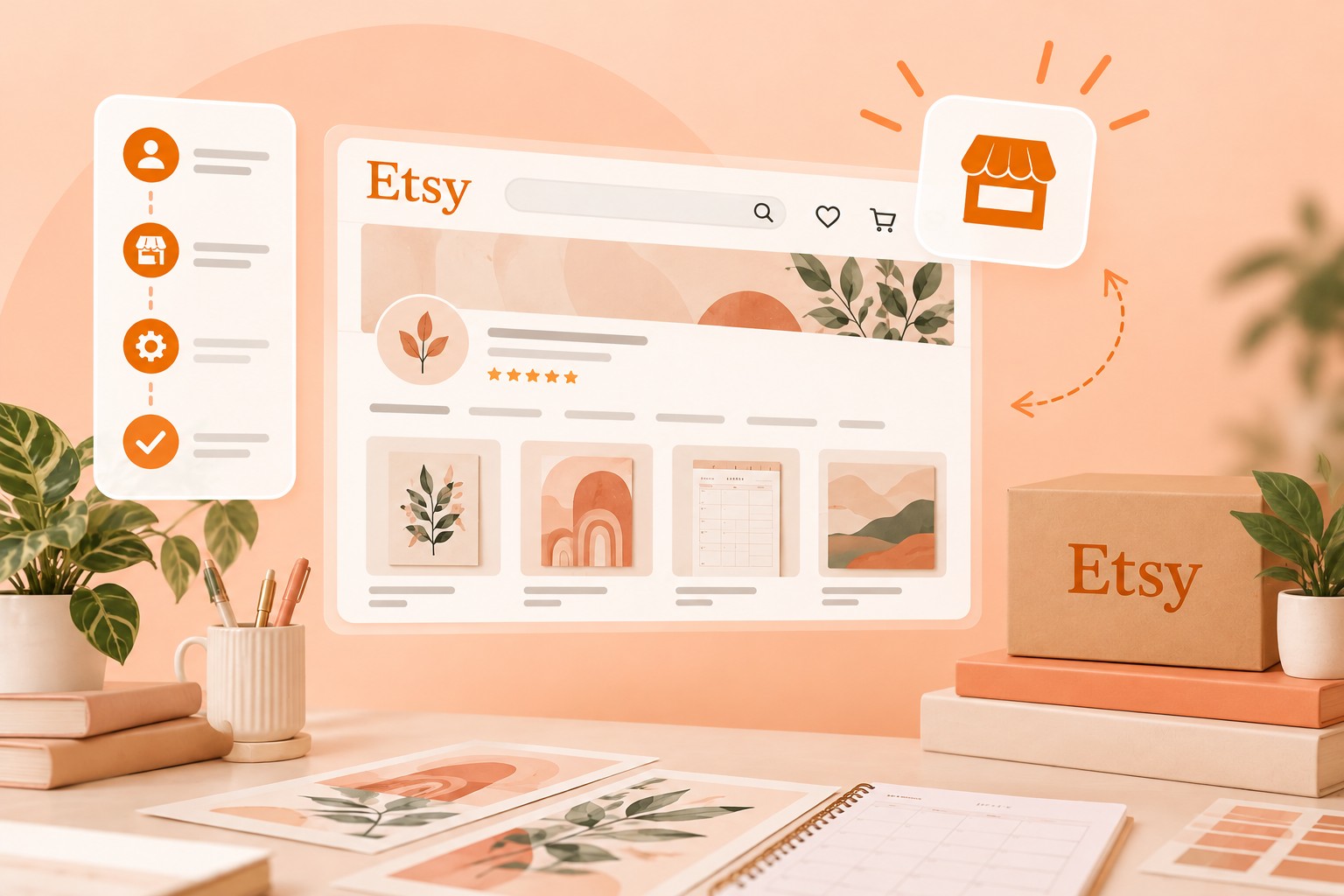 Laptop con la pagina di un negozio Etsy e icone di profilo, pagamento, negozio e politiche