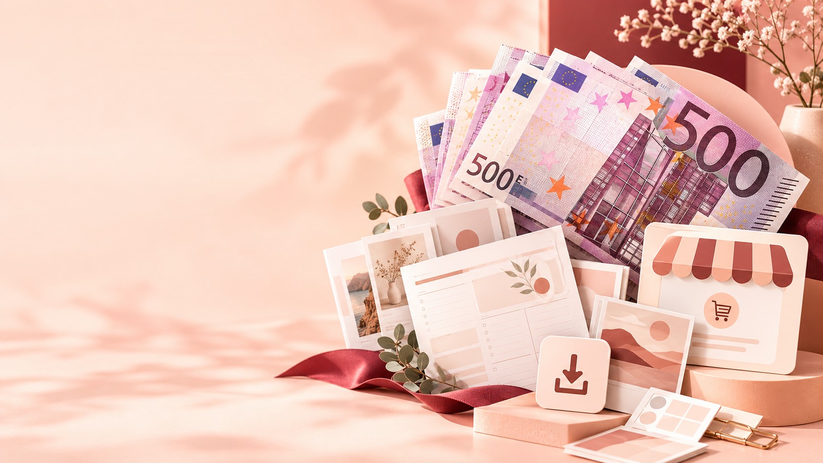 Laptop che mostra un negozio Etsy di prodotti digitali, con banconote da 50 euro sulla scrivania