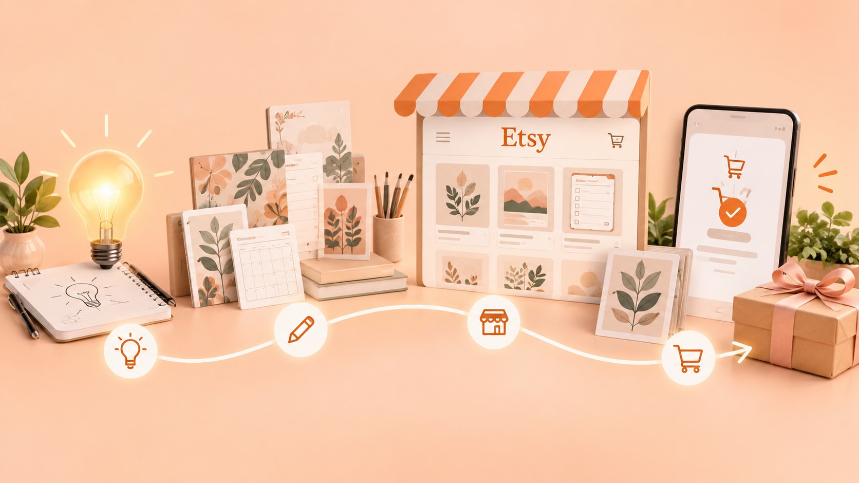Laptop che mostra un negozio Etsy di planner e prodotti stampabili su una scrivania ordinata