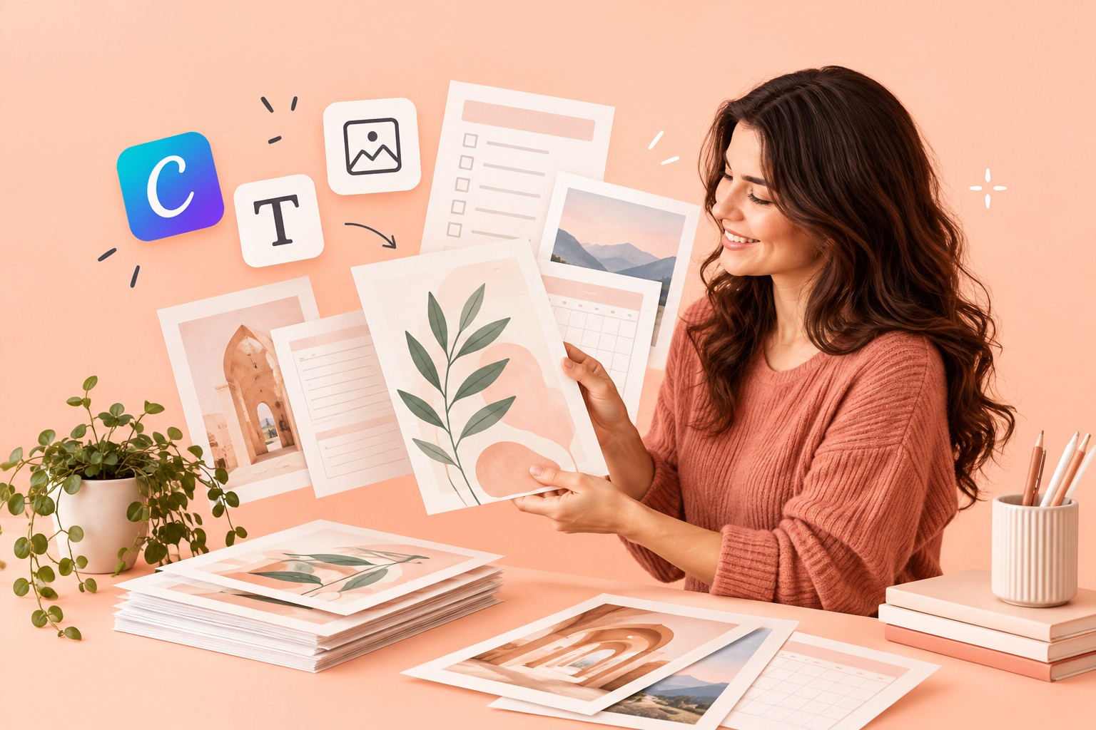 Laptop con un software di design aperto su un'illustrazione, accanto a stampabili e a un quaderno