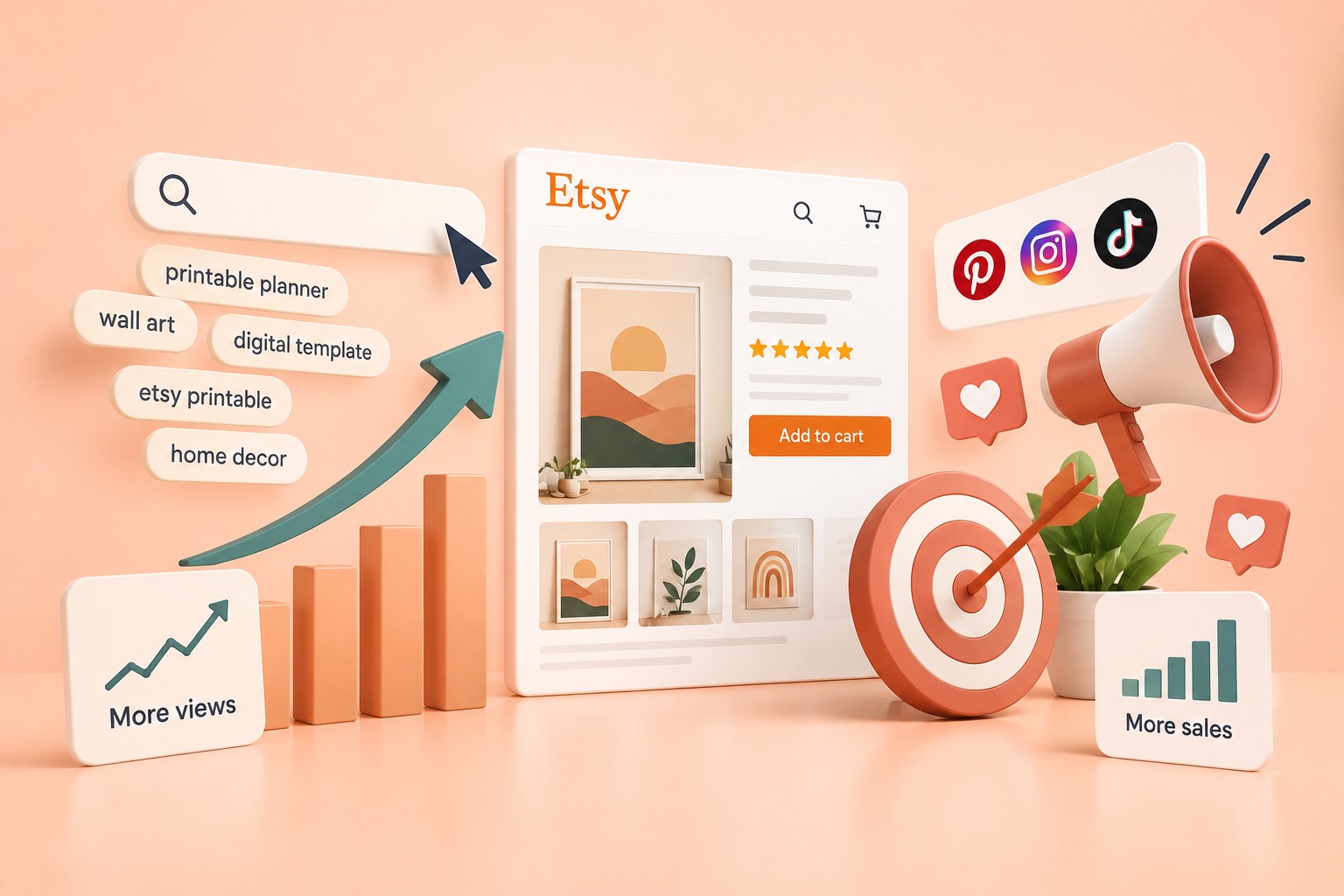 Laptop con inserzioni Etsy, un megafono, un grafico di crescita e un bersaglio a rappresentare promozione e visibilità