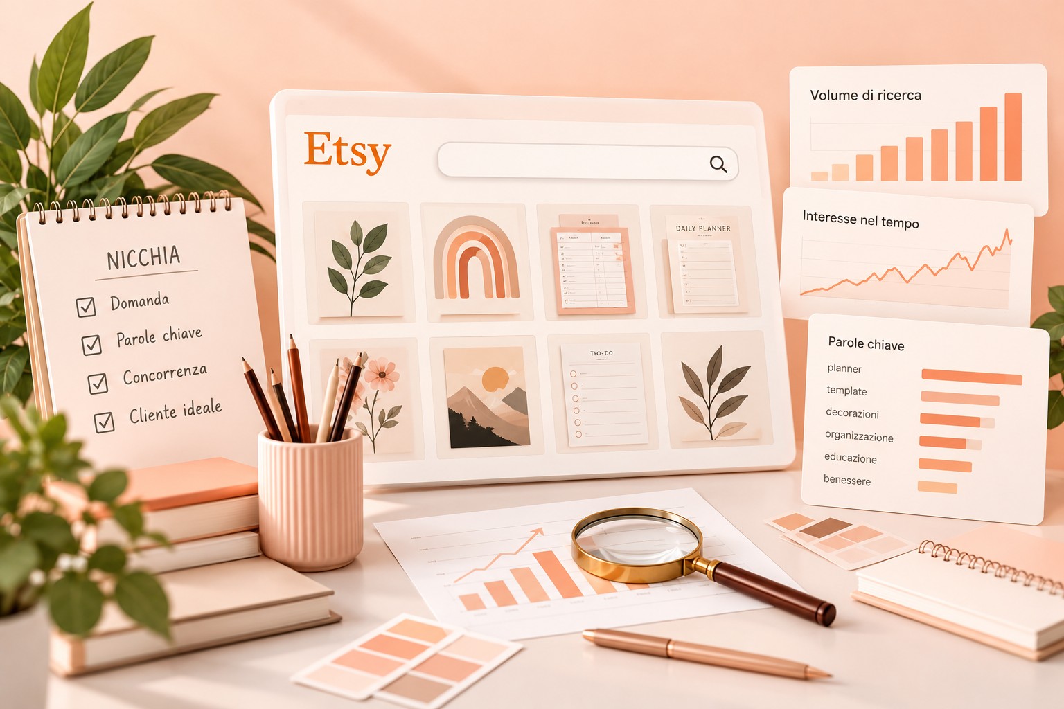 Laptop con prodotti Etsy, una lente d'ingrandimento e un grafico di crescita a rappresentare la ricerca di nicchia