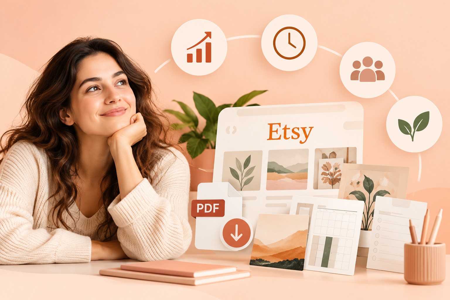 Laptop con un negozio Etsy e icone che rappresentano pagamenti, assenza di spedizioni, crescita e consegna immediata